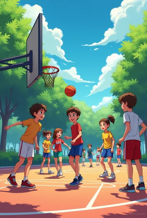 3 boys and 4 girls in a basketball court 