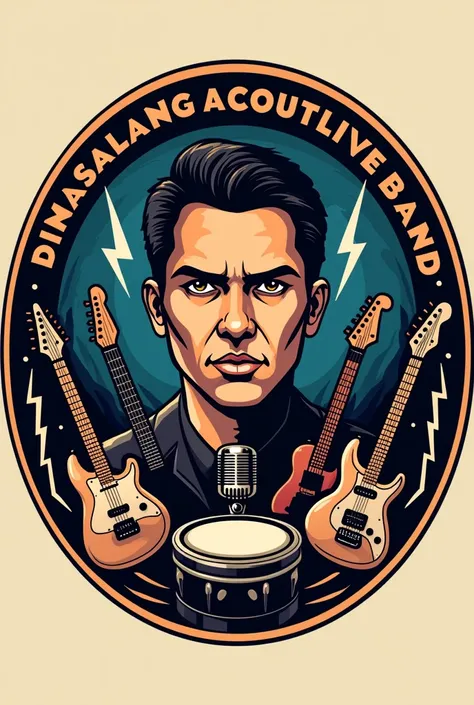 Circle Logo for Dimasalang Acoustic live Band. Put rock band instruments and microphones. Put little lightnings maybe. And Jose Rizals face.