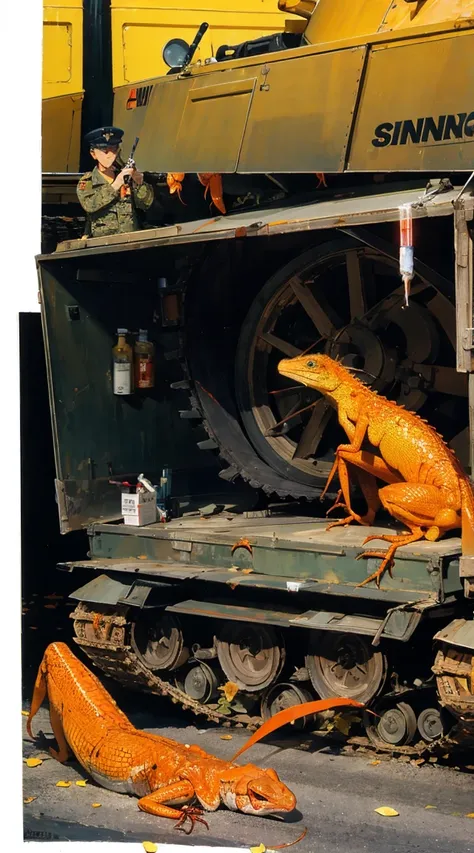 Orange Lizard in military uniform riding a tank。Transporting syringes in tanks、Warriors waiting for virus injection。In the background, a red scorpion and a fighter jet are fighting。Smoke is coming out。Anime Style、cute。