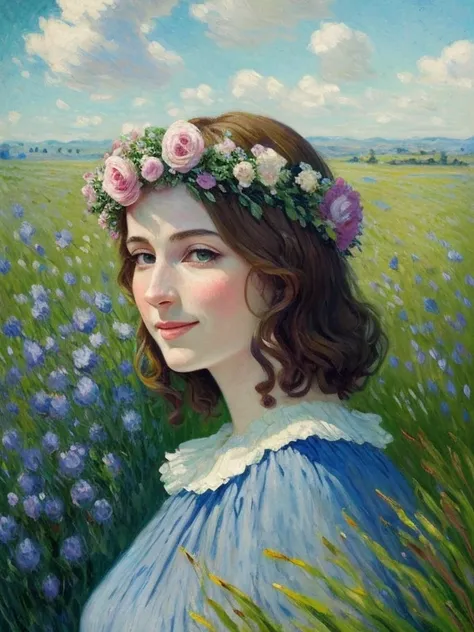 there is a woman wearing a flower crown in a field, masterpiece on canvas in the style of claude monet, claudemonet,a middle-age...