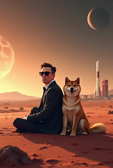 cool pic doge with elon musk sitting on mars with his spacex and tesla background