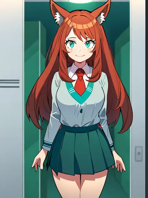 (Girl with brown hair with turquoise tips) (fox ears) (turquoise blue eyes) (long hair to the legs) (look: happy) (locker room: U schoolgirl uniform.A) (Light grey blouse, Red tie, Dark green skirt) (big breasts) School uniform, shackles, green skirt,gray ...