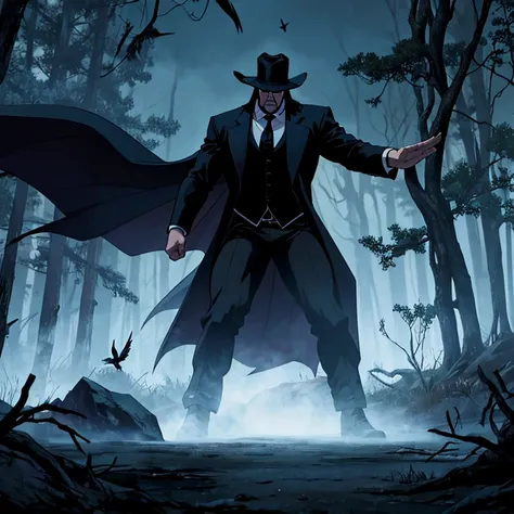 undertaker, muscular, in a forest at night, dark clothes, crows flying around him, estilo Western Animation Diffusion 