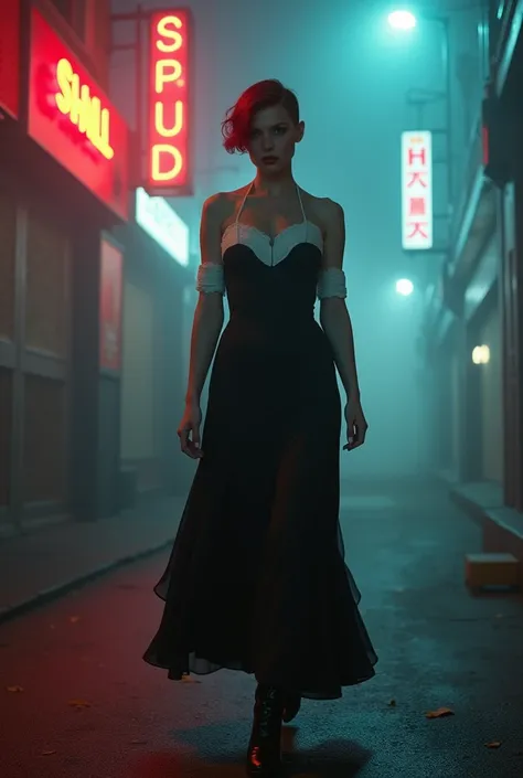 (image haute qualité, HD, 16k, photo réaliste) 1 Scarlett Johansson, femme européenne, robe années 30, robe longue noire et blanche, bottes hautes années 1970, cheveux roux très courts, presque rasé. gros seins. Rue éclairé par enseigne lumineuse et vide. ...