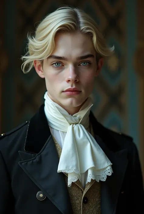 A vampire like young Carlisle from twilight with years 1880s clothes from England, blond, blue eyes and pale skin, shortcut hair.