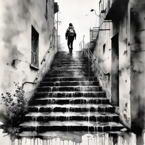 highest quality,(black and white painting)transparent watercolor,transparent stairs like water,13 steps,man standing on stairs,b...