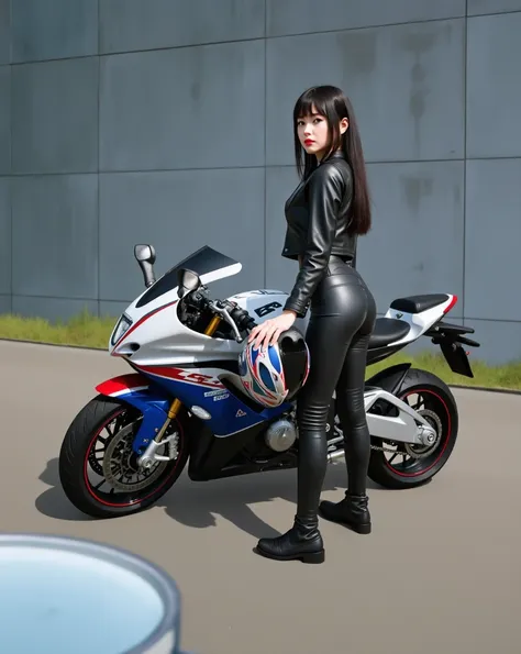 Straight long hair, Black leather jacket, Black leather pants, Black boots, Standing with a helmet, Look forward, Smooth Skin, Outdoor urban environment, Concrete wall, Parked motorcycle, Soft Shadows, Natural light, Calm atmosphere, Eye level angle, Deep ...