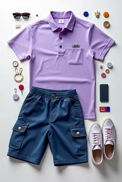 Make me a figurative image of a uniform for an entrepreneur with a badge, caps, apron, a polo shirt with a light purple collar, pins or buttons, pants, a back stop, key chains, or any other accessory, but only the uniform. Do not create the character, make...