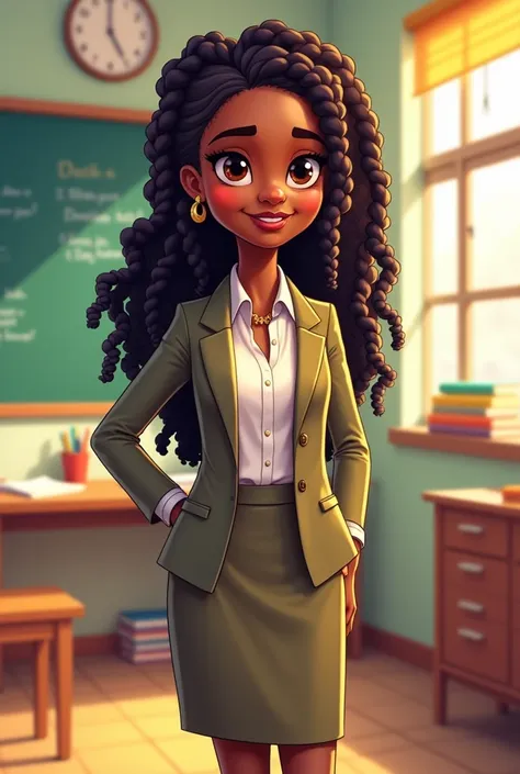 Adult black female teacher with braids in hair cartoon 