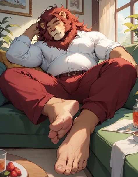 big, furry, muscular male, lion, mane hair, old man, sleeping in a sofa, legs on armrest, barefoot, caloused feet, dirty feet, b...