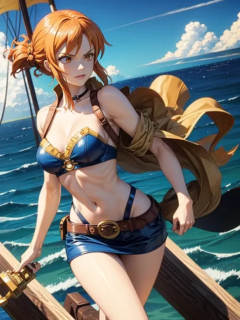 a vibrant and adventurous female character, inspired by nami from one piece. she stands confidently on the deck of a pirate ship...