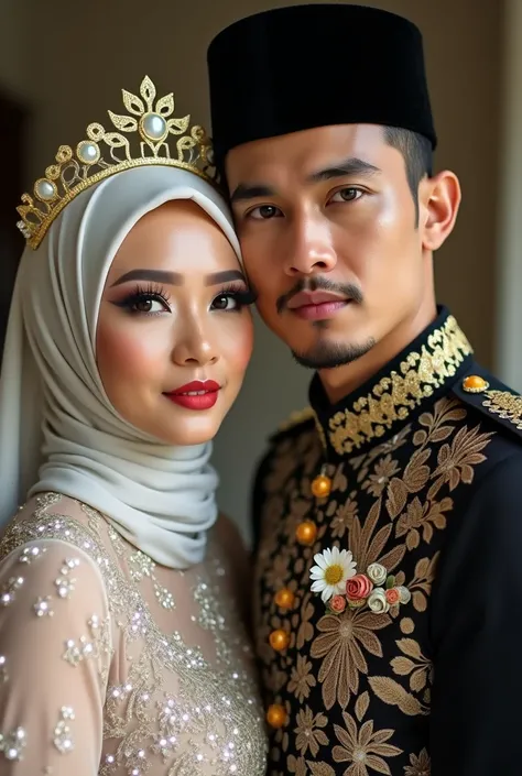 Best Quality, Ultra-detailed, finely detail, hight resolution, 8K Wallpaper, beautiful, large breast,  tight, curve, slim, hijab malay woman and her partner, malay married couple wearing wedding fashion, man wearing a black songkok, both looking at camera