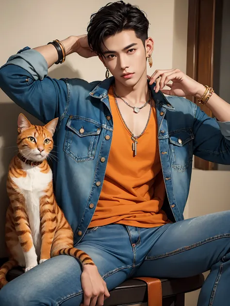 masterpiece, complicated details, (((handsome young boyอายุ 30 ปี))), rocker denim jacket, jeans, leather bracelet, wire necklac...