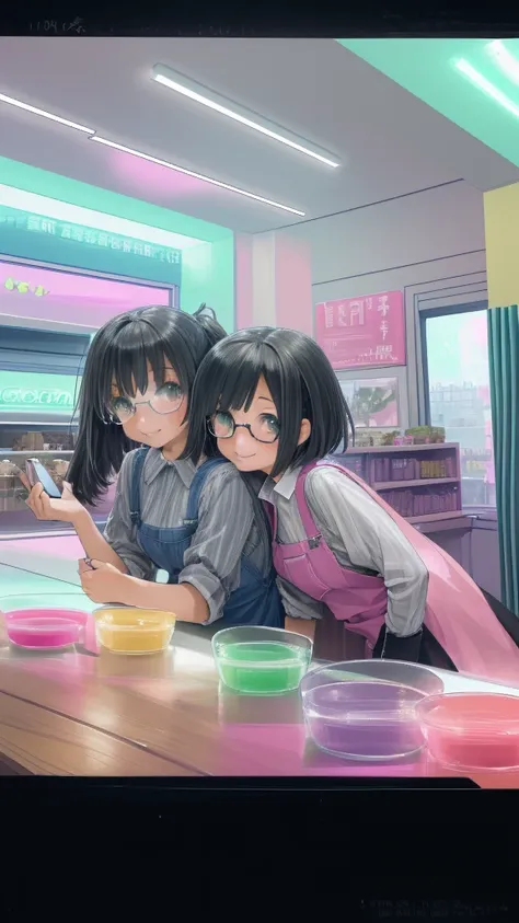 two young girls, one on the left with long black hair and glasses, the other with short hair, are happily taking selfies in a br...