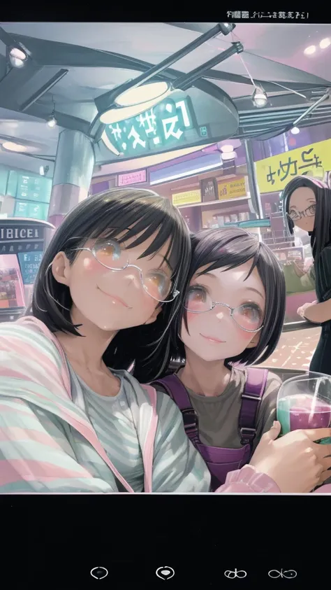 two young girls, one on the left with long black hair and glasses, the other with short hair, are happily taking selfies in a br...