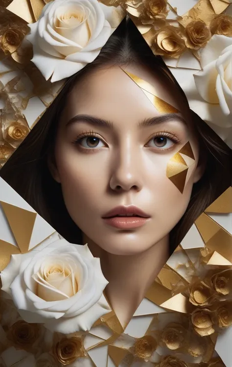 ultra detailed artistic abstract photography of woman's face (geometrical), golden, white roses, detailed symmetric circular iri...