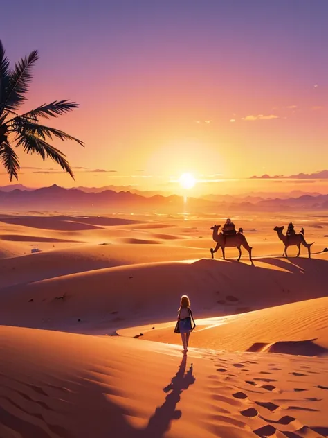 The Most Beautiful Deserts in the World, Sand dunes at sunset in the desert, Purplish gradient sunset, (A few camels look small in the distance and silhouette, Several Camels silhouette Walking along a desert ridge), (Beautiful girl, A desert oasis with pa...