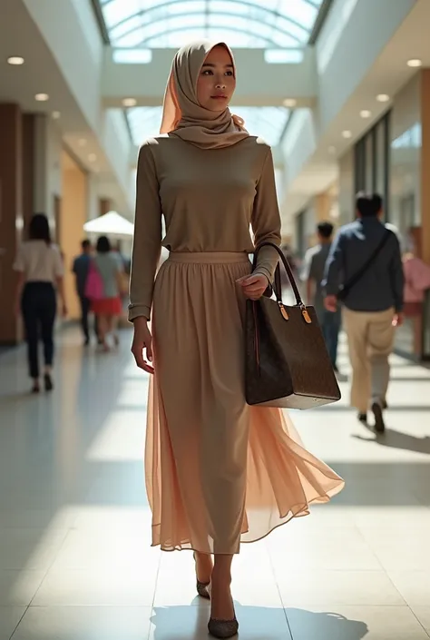 Seorang wanita indonesia cantik, big boobs, wear tight longsleeve t-shirt, hijab, chiffon long skirt, flat shoes, walking in the shopping mall while hold louis vuitton bag. Look at the viewer, Realistic photography, natural light, wide angle shot, 