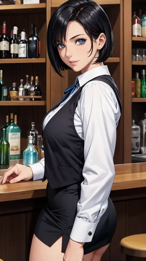 a female bartender with short bob of black hair is at the bar, blue eyes, black vest, white shirt, black skirt