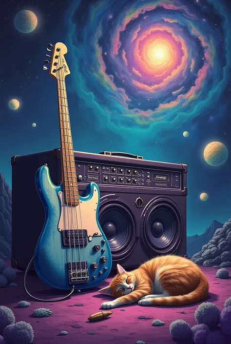 Electric bass.
Amplifier with large speakers Sleeping cat Drug Joint Stars Psychedelia 