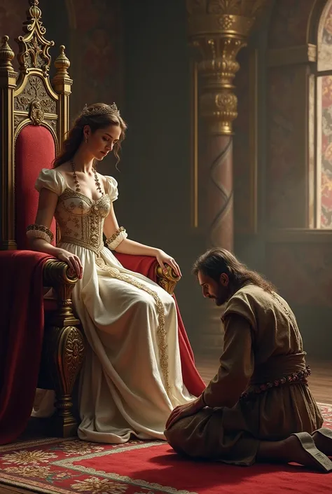 Princess sitting on a throne and a poor man with all four limbs on the floor kneeling before her and his forehead on the ground worshipping the princess side view 