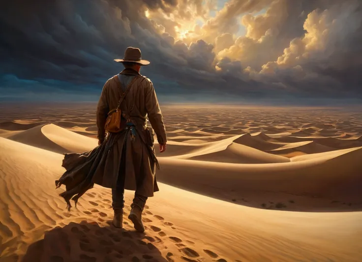 a classical oil painting of a traveler in a vast desert, highly detailed, photorealistic, vibrant colors, dramatic lighting, cinematic composition, epic scale, adventurous spirit, rugged terrain, swirling sand, dramatic clouds, golden hour lighting, painte...