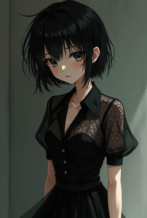 Rei Ayanami in a lace dress in an elegant black tone had short sleeves and a collar and slightly showed her neck and shoulders 