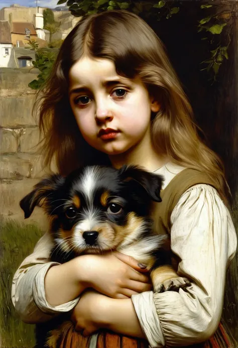 Painting of a girl holding a puppy in her arms, Charles Sillem Lidderdale, sad expression, high detailing