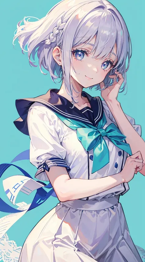 1girl,Asymmetrical Bob,woman,Sailor suit,Milkmaid Braids,Lavender and Silver hair color,teal eyes,smile,One person,clear,((White background)),Lace