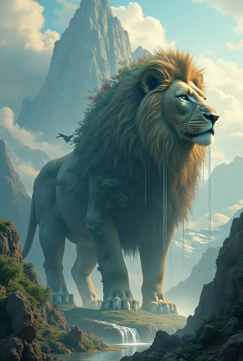 Animal surrealism (Lion-Mountain: A lion with a body made of mountains, where rivers flow through its mane and trees grow on its back. The lion could be both the king of the jungle and a living, breathing part of the landscape.)