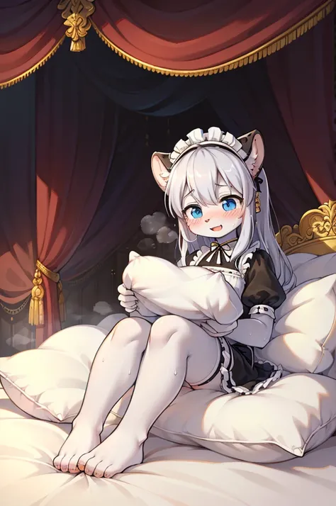 （masterpiece，best quality），mine, The Beast, , (Light and shadow suitable for any Pillow background））, 穿着Maid costume的可爱女孩在Pillow上摆姿势,，Maid costume，nature,, (blush),a smile，Pillow,（Lots of Pillow），Soft cushion，（canopy bed），（Pillow），Lots of Pillow，（Friction ...