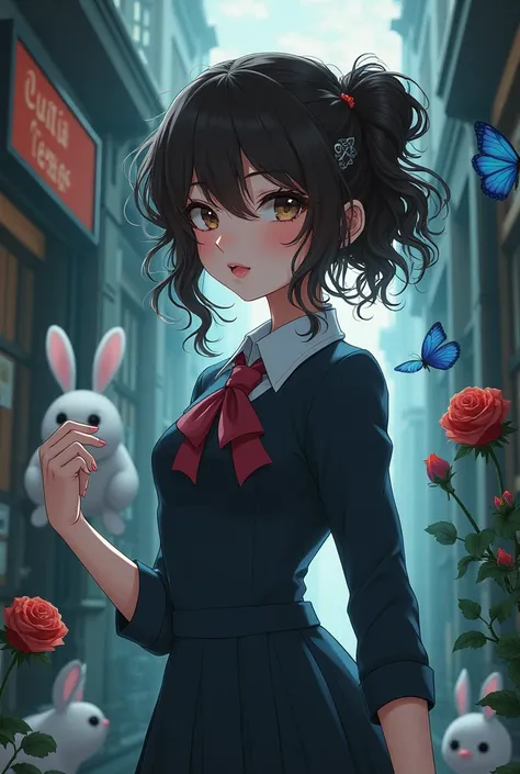 Brownish black hair, Iris, Fair skin, Face like goose eggs, atmosphereのある顔の特徴, expensive, Confidence and strength, Firm and plump, high school girl, school uniform, Curly Hair, Hair Bun, With hairpin, Red Rose, Blue Butterfly, White Rabbit, signboard, Offi...