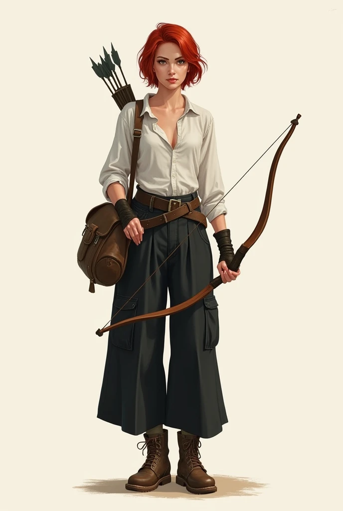 realistic drawing, of a woman, with short red hair, Brown eyes, extremely beautiful, small nose, Let your whole body be seen,  dressed in black wide-leg cargo pants and a long white shirt, and some brown boots, soft features, a large bag on his shoulders, ...