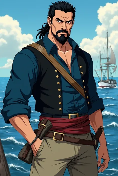 pirate male anime beige pants dark blue shirt with black vest black goatee