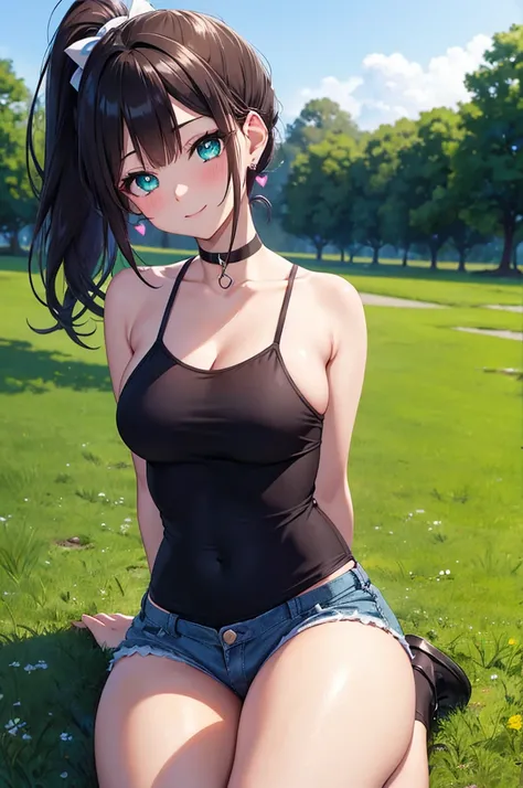 A beautiful girl sitting on the ground in a park with a flowered top, flower print tank top, short shorts, looking to the side, confident, (arms behind back, head tilt), big rounds breasts, dark brown hair, long bangs, hair intakes, long hair, short ponyta...