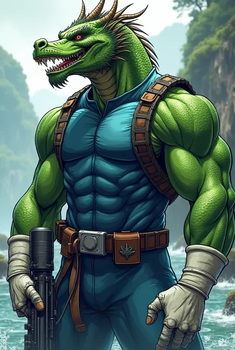 (A rugged beefy very muscular green chinese dragon man), (wearing blue wetsuit), carrying a rifle. He has bulky scuba gear, muscular physique, toned muscles, fierce, heroic, action, comic artstyle, bulky best quality, wearing white fingerless gloves. weari...