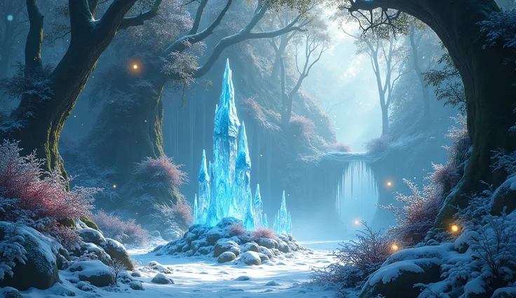 masterpiece，Best quality，high quality，Extremely detailed，8K，Fantastic snowy jungle，Colorful Ice Magic，森林主题中的Natural Elements，Colorful snowy jungle，Epic fantasy art style，细嫩的树叶和Branches（Natural Elements），（Jungle theme），（leaf），（Branches），（firefly），and other ...