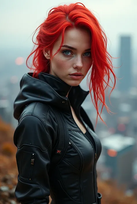 masterpiece , girl , Very long red hair , blue eyes ,  Slope , Perfect figure , ( Techwear:1.2) , cyber punk , future , Modern , in cyber punk city, Light Smile , Detailed face ,, , (8k,  最high quality 1.2),  Very detailed, 8k uhd,, Soft lighting, high qua...