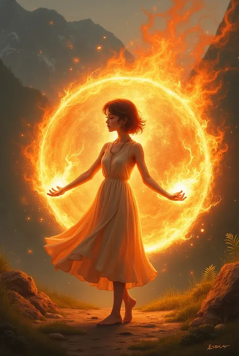 Make a girl with short Brown hair in a dress extending her hands and showing a fireball power in some realistic painting style