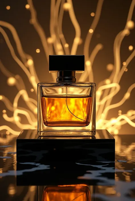 Generate an HD image of a perfume in a square bottle where the liquid is gold, on a black rectangular table with white figures like rays, and a background in a more golden than black color with many abstract figures 