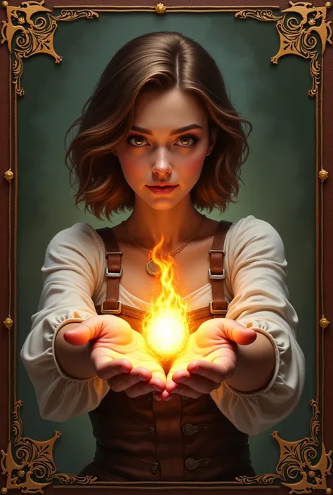 Make a girl with short Brown hair in a dress extending her hands and showing a small fireball to the reader power in some realistic painting style in a book cover