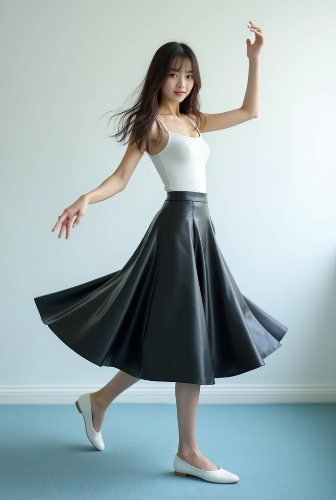 A beautiful lady, asian, Japanese,
Long hair, 
Medium height,
Turning a round in front of a white wall in an office with light blue carpet,
Wearing a white camisole,
Wearing a shiny black leather big a-line full circle long skirt knee length,
Wearing white...