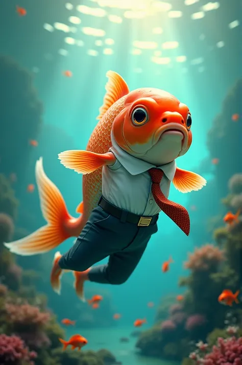 A carp is swimming wearing a shirt, pants and tie.