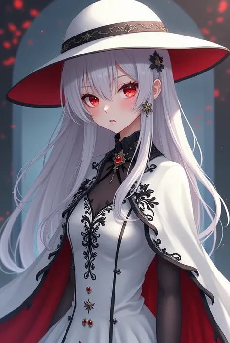 Anime girl with long white hair, fringe, red eyes and white skin, with white Russian hat and white dress with black details, grey and red, black cape with hat 