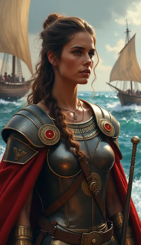 Facial Expression: Artemisia is shown in a moment of intense focus, as she surveys the battlefield.
Attire: Her armor is adorned with symbols of Caria and Persia, showing her dual allegiance.
Weapon: A battle-ready sword or a commanding staff in hand.
Back...