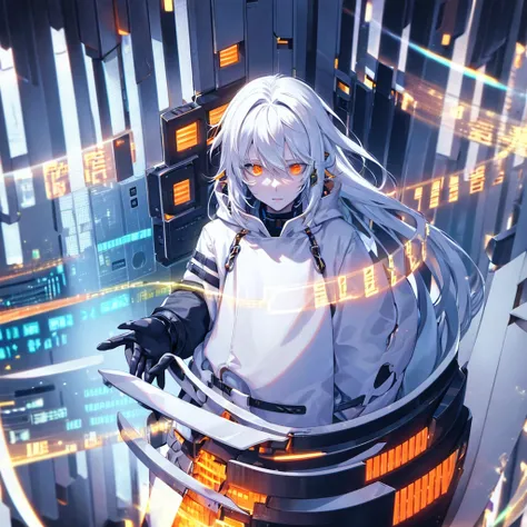 Halogram, human, male, pale skin, orange and glowing in the dark eyes, white coat. white long hair. orange symbol resembling a cross in the eye, constantly covered in glitches, covered in material digital code and tables