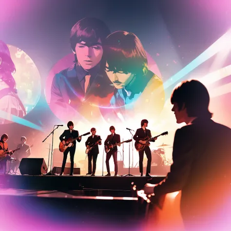 (masterpiece, best quality),(double exposure stage: 1.2),1960s British rock band performance scene,  four-piece rock band like the Beatles,
,splash color, retro photo,lens flare,