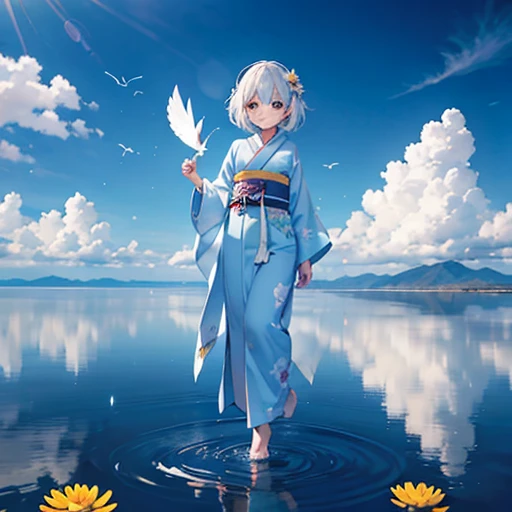 high detail、8k、Uyuni salt lake、horizontal line、Reflective water surface、The Wide Ocean、Blue bird feathers、((The face of wisdom、Confused Eyes、Glare、))、((Clothes that can be seen through the light、Skin Transparency、Kimono decorated with chrysanthemum flowers...