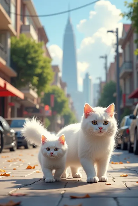 A white mother cat and her baby went for a walk in the city one day. The background should include city streets, houses, cars.