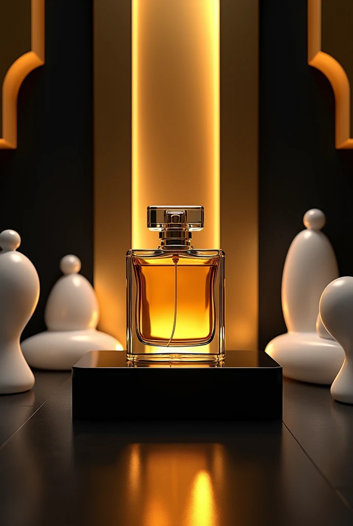 Generate an HD image of a perfume in a square bottle where the liquid is gold, on a black rectangular table with white figures and an abstract background in gold and black 